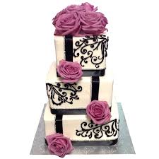 Ruffle wedding cake with edible purple sugar flowers. 1292 3 Tier Black White Wedding Cake With Flowers Abc Cake Shop Bakery