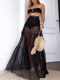 Longueur environ 68 cm/27 (basé sur une taille échantillon. Jupe Longue A Pois Tulle Fluide Transparent A Volantee Plage Femme Noir Jupes Bas