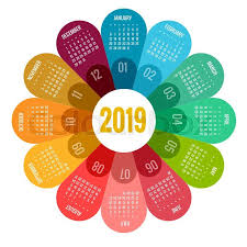 Colorful Round Calendar 2019 Design Print Template Your Logo And Text Week Starts Sunday Portrait Or Calendar 2019 Design Calendar Design Calendar Template