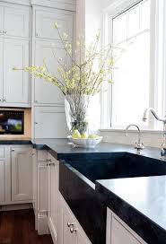 White kitchen cabinet black granite countertop island. White Kitchen Cabinets With Black Apron Sink Transitional Kitchen