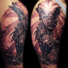 Michael tattoo is the most chosen one by all. Black Ink Archangel Michael Tattoo Design For Half Sleeve