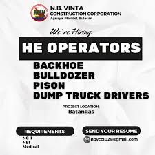 Apply po as a Excavator and Wheel Loader Operator, Baka my willing sa inyu  ..libre po lahat ng process .. Gender: Male/Female apply po >>  https://cutt.ly/peBsDqxr