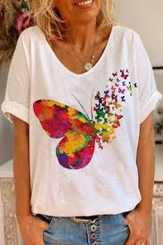 Colorful Butterfly Print Paneled V Neck Casual T Shirt Urwes In 2020 Fabric Paint Shirt Painted Clothes Diy Clothes