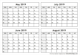 Printable Blank Four Month May June July August 2019 Calendar Template Calendar 2019 May June July September Calendar July Calendar August Calendar
