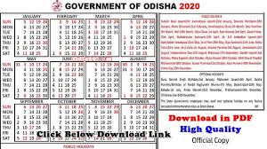 Pdf 2020 Official Odisha Govt Calendar Download Printable Holiday List Calendar Download Odisha Calendar Pdf
