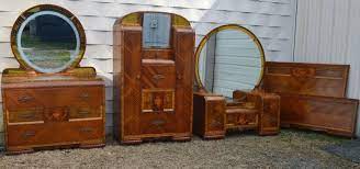 Waterfall pair of art deco late 1930's vintage nightstands original pulls. Art Deco Waterfall Bedroom Chifforobe With Desk Dresser Dressing Table Full Bed Art Deco Bedroom Furniture Art Deco Bedroom Antique Furniture Makeover