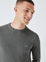 GANT Cotton Pique Crew Neck Jumper, Dark Grey Melange