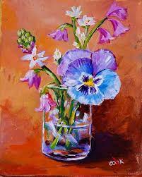Blue Pansy In A Glass Vase Youtube Acrylic Painting Tutorial By Ginger Cook Acrylic Painting Flowers Flowers In Vase Painting Rock Painting Flowers