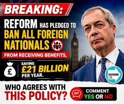 🚨Reform UK has pledged to ban all foreign nationals from receiving benefits  to save £21bn per year. Under the proposals, foreign nationals will no  longer qualify for Universal Credit, Housing Benefit, Pension