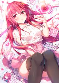 liar liar, absurdres, highres, 1girl, black thighhighs, blush, breasts,  cover, dress, kuouharuki3, long hair, looking at viewer, looking to the  side, lying, pink dress, pout, red eyes, red hair, shirt, short sleeves,