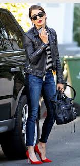 Black Leather Moto Jacket Denim Jeans Striped Top With Cute Red Heels Fashion My Style Casual