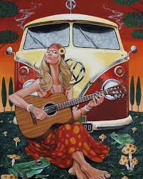 tokio aoyama on instagram peace bus 2011 tokioaoyama 青山ときお 絵 アクリル画 guitar guitargirl mushrooms volkswagen character zelda characters artsy