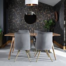 They have a natural wood grain finish that matches well with most. Drift Mango Wood Dining Table 4 Grey Chairs