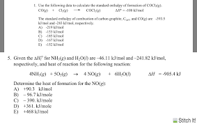 Δ indicates a change h indicates enthalpy, which is only measured as a change, not as an instantaneous value ° indicates thermal energy (heat or temperature) f means formed or that a compound is being formed from its component elements you may wish to review the laws of thermochemistry and endothermic and exothermic reactions before you begin. Use The Following Data To Calculate The Standard Chegg Com