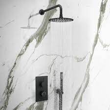 Arezzo Matt Black Round Thermostatic Shower Pack With Head Handset Victorian Plumbing Uk Shower Valve Modern Shower Shower Set