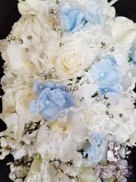 White hydrangeas gold accent wedding bouquets. Dress My Wedding Cascading Bouquet With White And Blue Hydrangea Accent