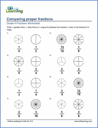 Grade 4 Math Worksheets Comparing Proper Fractions K5 Learning Fractions Worksheets Proper Fractions Equivalent Fractions