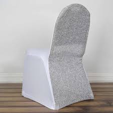 White Spandex Stretch Banquet Chair Cover With Silver Metallic Glittering Back Banquet Chair Covers Chair Covers Chair Cover