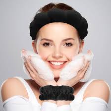 Zkptops スパヘッドバンド 洗顔用 リストバンドセット スポンジ メイクアップ スキンケア ヘッドバンド テリークロス バブル ソフト Get  Ready ヘアバンド レディース ガールズ ふわふわ パッド入り ヘッドウェア ノンスリップ 厚手 ヘアアクセサリー (ブラック)