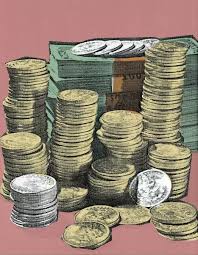 Cropped view of man touching stack of coins near value of money letters and dollar signs on white. Stacks Of Money Print 19761147 Framed Photos Premium Framing