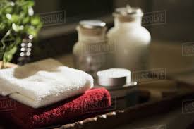 The tray contains a durable construction, while also providing a sleek, elegant design to complement any place. Display Of Toiletries And Towels On Bathroom Tray Stock Photo Dissolve