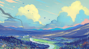 Here's how to add painted clouds to ceilings and walls as a beautiful mural to bring the blue sky indoors. Painting Clouds Sky Landscape River Trees Mountains Birds Digital Art Drawing 5120x2880 Uhd Wallpapers Walldump Free Hd And Uhd Wallpapers