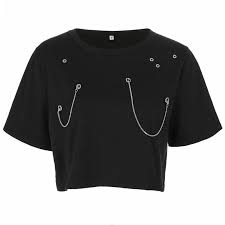 Rosetic Women T Shirt Gothic Black Harajuku Summer Tops Tee Casual Loose Plain Chain Hollow Hip Hop Female Punk T Kpop Fashion Outfits Black Crop Tops Clothes