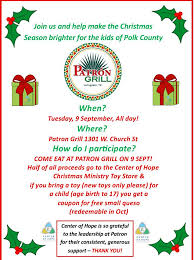 Save the date! Tuesday September 9th! Patrons is generously donating 1/2  the days proceeds to Christmas of Hope Toy Store Bring a new toy to receive  a coupon for a free queso !