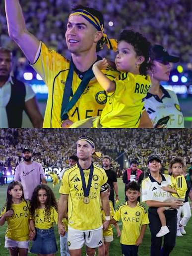 The family of champions  Cristiano Ronaldo with his family @georginagio  @cristiano celebrates victory on the pitch. Al Nassr are champions of Saudi  Arabia!  Congratulations Al Nassr!!!  What a game,