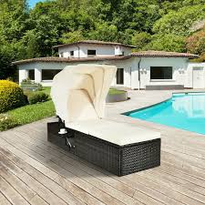 Chaise Cushioned Patio Rattan Lounge Chair With Retractable Sunshade Canopy New 699935149481 Ebay In 2020 Outdoor Chaise Lounge Chair Rattan Lounge Chair Outdoor Chaise