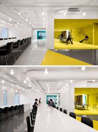 This Office Interior Used Color To Create Distinct Spaces Corporate Interior Design Open Concept Office Modern Office Design