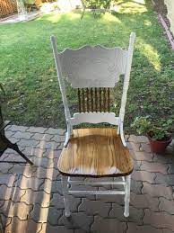 My Dining Chair Transformation Oak Pressed Back Chair Now A Two Tone French Country Look I Used Dining Chair Makeover Table Makeover Kitchen Table Makeover