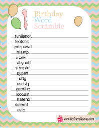 Free Printable Birthday Games For Adults Word Scramble Game Worksheet In Light Colors Birthday Words Happy Birthday Words Scramble Words