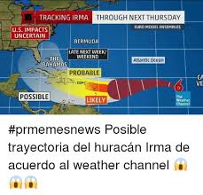 La noche de este martes, las autoridades de puerto rico comenzaron de forma inminente los desalojos de la población que habita en zonas vulnerables de su costa norte, ante el paso del huracán irma, de categoría 5. Tracking Irma Through Next Thursday Euro Model Ensembles Us Impacts Uncertain Bermuda Late Next Week Weekend The Bahamas Atlantic Ocean Aprobable Ca Ve Possible The Weather Channe Likely Prmemesnews Posible Trayectoria Del
