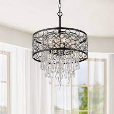 Save to favorites cabo small woven pendant light. Patricia 4 Light Black Metal Drum Shade Crystal Chandelier Overstock 28948422