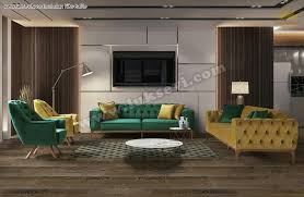 Salon ve oturma odası dekorasyonlarının kilit nesnesi olan, birbirinden şık koltuk takımı modelleri; Modern Chester Koltuk Takimi Yesil Hardal Sarisi Kadife Luksevi