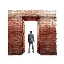 لا يوجد مخرج من جدار من الطوب لمفهوم الأعمال التجارية يسد مدخل رجل الأعمال  الذي يقف في محنة كئيبة عقبة محاصرة, قالب طوب, رجل, حائط PNG صورة للتحميل  مجانا