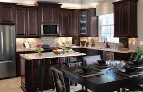 Dark Kitchen With Brown Cabinet Also Small Island White Santa Cecilia Granite Coun Dark Brown Kitchen Cabinets Brown Kitchen Cabinets Classic Kitchen Cabinets