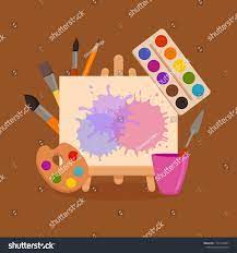 Painting Tools Elements Cartoon Colorful Vector Concept Art Supplies Easel Canvas Watercolor Splash Background Watercolor Splash Painting Tools Illustration