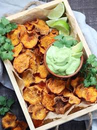 Baked Sweet Potato Chips With Avocado Lime Dip Give It Some Thyme Recipe Sweet Potato Chips Baked Sweet Potato Chips Spiralized Sweet Potato