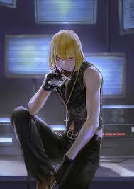 carrot (carrotsgame), mello (death note), death note, commentary, highres,  1boy, bare shoulders, beads, belt, belt buckle, black belt, black eyes,  black gloves, black pants, black vest, blonde hair, bob cut, boots, brown