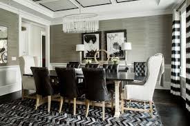Black And White Horizontal Striped Curtains With Dining Set And Chevron Rug For Home Dining Room Design Interior Design Dining Room Black Leather Dining Chairs