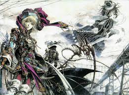 shibamoto thores, abel nightroad, brigitte ii, esther blanchett, ion  fortuna, trinity blood, silver hair, uniform, official art, spoilers, 00s,  1girl, 2boys, belt, blonde hair, boots, bridge, brown eyes, buckle, closed  eyes, cloud,