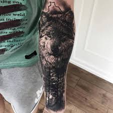 Black And Grey Wolf Tattoo Black And Grey Wolf And Nature Tattoo By Mark Theshark Of Sinners Ink Wolf Tattoo Sleeve Wolf Tattoo Wolf Tattoos