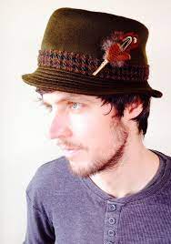 Unisex Hat In Khaki Wool Felt And Scottish Tweed With Pheasant Feather Hat Pin From Ireland Unisex Hat Feather Hat Scottish Tweed