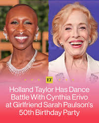 A dance battle broke out between Broadway legends at Sarah Paulson's 50th  birthday party! 💃⁠ ⁠ Sarah's longtime girlfriend, 81-year-old Holland  Taylor, found herself busting a move against 'Wicked' star Cynthia Erivo
