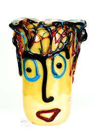 The objects and table top are tipped steeply toward the picture surface, adding to the sensation of instability. Vase Tribute To Pablo Picasso White Silver Leaf Made Murano Glass
