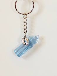 Blue Acrylic Baby Bottle Favor Keychain W Silver Accent Baby Feet Charm Baby Boy Games Decorations Gift Tags Favors Ornaments Baby Shower