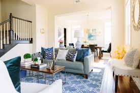 Eggshell Home Open Floor Plan Living And Dining Room Modern Glam Blue Decor Sherwin Williams Antiq Blue Living Room Decor Dining Room Blue Gold Living Room