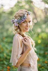 Simple Side Braid Wedding Hair With Floral Wreath Flower Crown Hairstyle Trendy Wedding Hairstyles Wedding Hairstyles With Crown